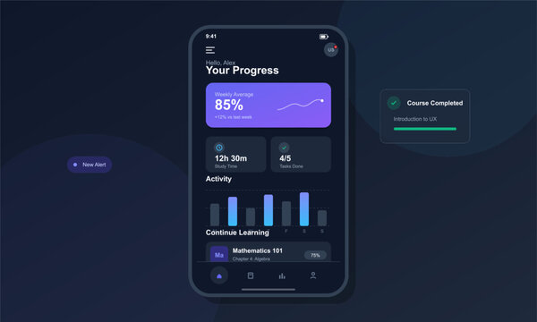 This dark mode mobile app interface displays a learning dashboard with progress statistics, activity charts, and course completion notifications on a sleek smartphone screen.