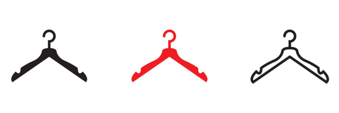 Clothes Hanger Icons in Multiple Styles. Simple illustration of clothes hangers in black, red, and outline styles, representing fashion, retail, wardrobe organization, and apparel concepts.


