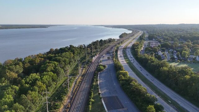 Aerial view of I-495 highway, Northeast Corridor railroad and Delaware River near Claymont, Wilmington, Delaware
