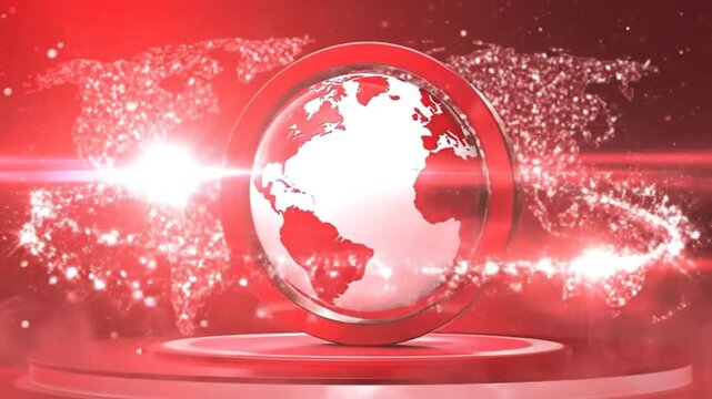 Global news concept with a stylized globe and world map in red tones.