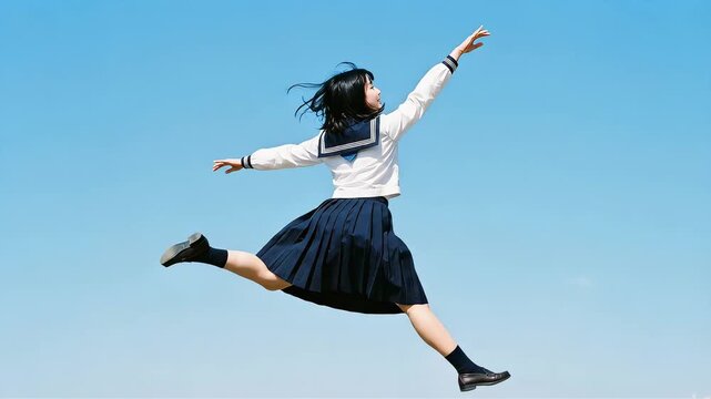 快晴の下で空を駆けるセーラー服の少女。未来への飛躍と希望、自由のコンセプト
