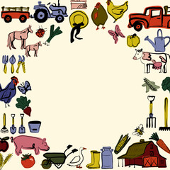 Hand Drawn Farm Frame with Cute Animals and Objects