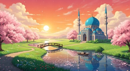 Serene Mosque Landscape with Cherry Blossoms and Sunset.