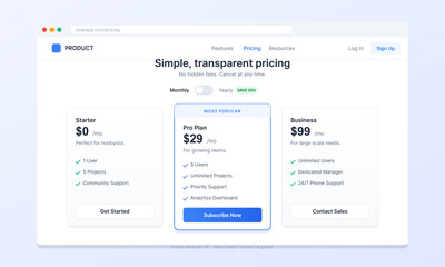 Fototapeta premium A clean website interface showing three subscription pricing plans for a digital product, featuring starter, pro, and business tiers with a monthly and yearly toggle switch.