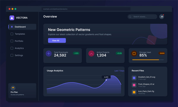 A modern dark mode dashboard user interface design featuring data visualization charts, metrics cards, and a sidebar menu for an analytics software application.