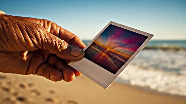 Elderly hand holding instant photo of beach scene on sandy shore at sunset