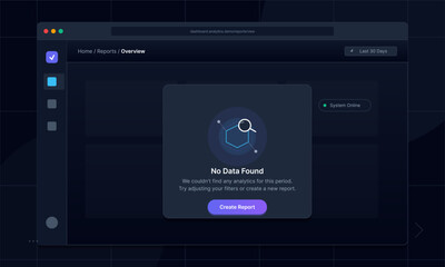 Naklejka premium A dark mode web dashboard interface displays a modal window with a no data found message and a call to action button to create a new report for analytics and data visualization.
