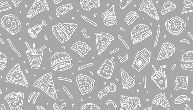 A seamless pattern of white fast food illustrations on a gray background