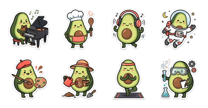 Cute Avocado Character Sticker Set with Various Hobbies