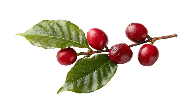 Coffee branch with ripe red cherries and green leaves on a white isolated background.