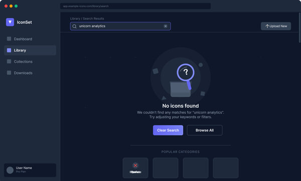 A dark mode web application interface showing a search results page with no icons found message and a magnifying glass illustration on a deep blue background with sidebar.