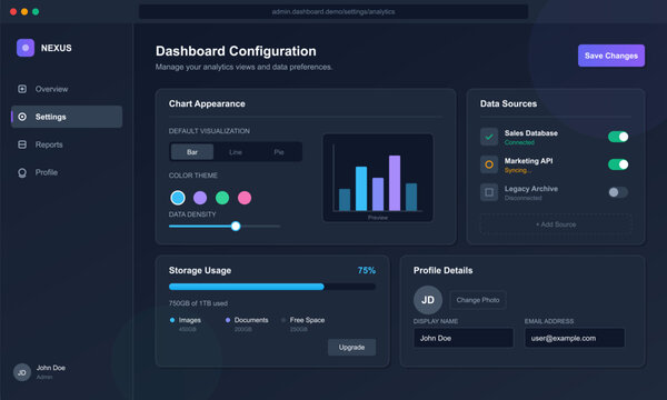 A dark themed software interface displays dashboard configuration options including chart visualization settings, data source toggles, storage metrics, and profile info.