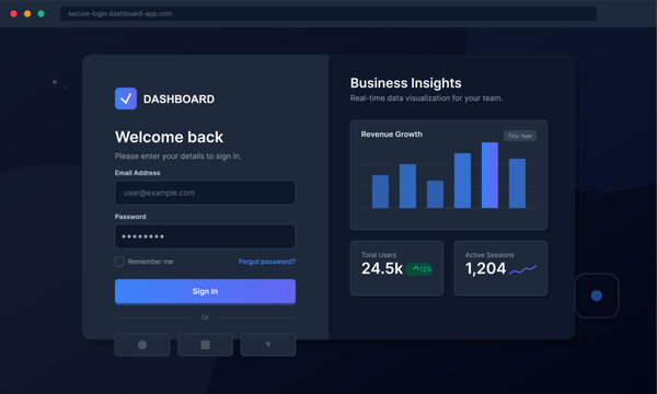 A modern dark mode login interface for a business dashboard featuring a sign-in form and data visualization charts including revenue growth and user statistics on a dark background.