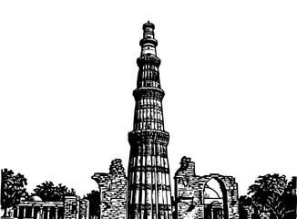 Kutub Minar Pencil sketch Illustration, Kutub Minar Illustration 