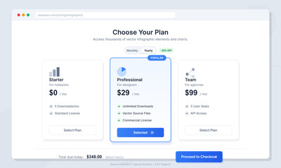 Obraz premium A clean user interface design for a pricing plan page featuring three subscription tiers: Starter, Professional, and Team, with a yearly billing toggle and a checkout button.