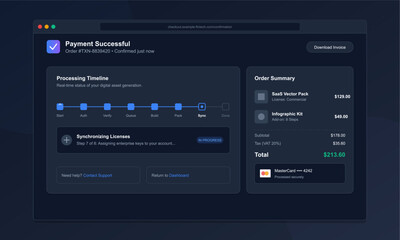 A dark mode user interface showing a successful payment confirmation screen with a processing timeline, order summary, and license synchronization status for digital assets.