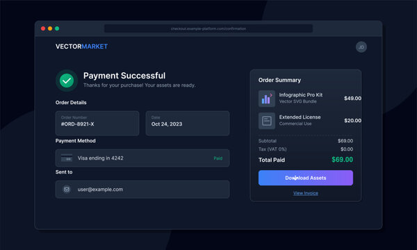 A dark mode user interface design showing a successful payment confirmation page for digital assets with order details, summary, and a download button on a dark background.