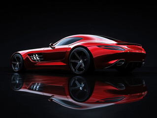 Fototapeta premium A stunning red sports car showcases its aerodynamic design. The smooth curves and shiny finish reflect beautifully against the dark studio backdrop, emphasizing its luxurious appeal.