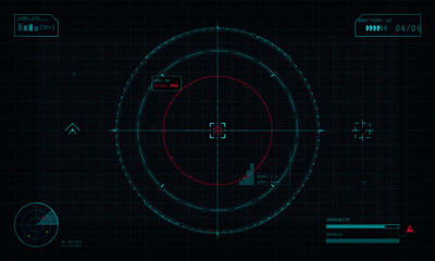 Obraz na płótnie Canvas A futuristic digital heads-up display interface featuring a circular targeting reticle, crosshairs, and various data readouts like ammo type and shield integrity on a dark grid background.