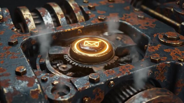 Vintage machinery with glowing mail icon, symbolizing communication and technological advancement in a steampunk style.