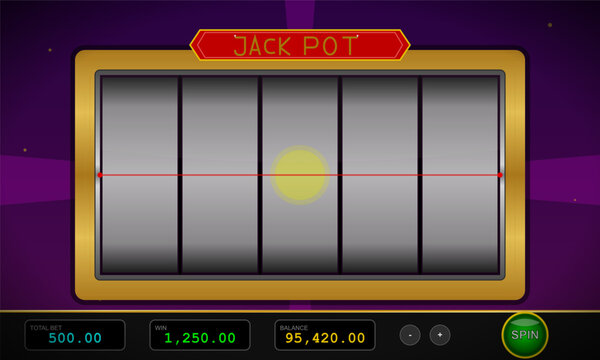 A digital slot machine interface features five empty reels with a gold frame and a red jackpot banner. The bottom panel displays bet, win, and balance amounts with a green spin button.