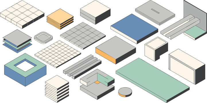 isometric 3d geometric blocks set, abstract architecture shapes tiles platforms modular design construction elements illustration collection kit resource