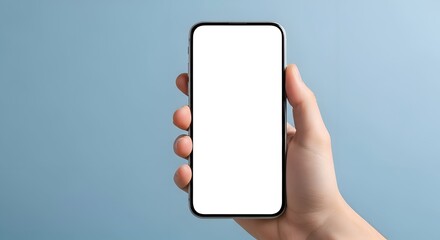 Hand Holding Smartphone with Blank Screen on Blue Background Displaying Modern Technology