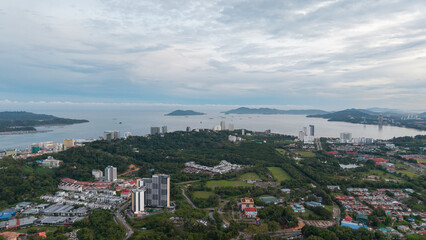 Fototapeta premium Aerial Footage of local lifestyle residential housing at Kota Kinabalu city, Sabah, Malaysia