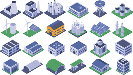 isometric industrial energy infrastructure icons, factory buildings solar panels wind turbines power plants urban technology illustration collection set © MdAhasan