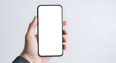 Male Hand Holding Modern Black Smartphone With Blank White Screen Against A Bright Plain Background