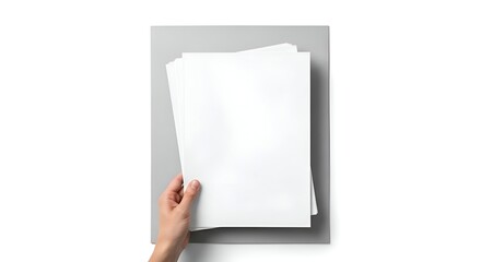 Human Hand Holding Stack Of White Paper Sheets On Gray Background