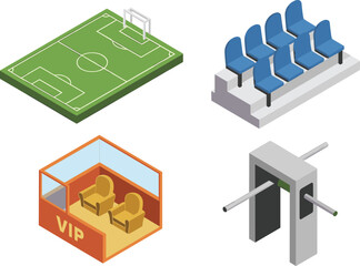 Fototapeta premium isometric stadium elements set, football field vip box seats turnstile entrance sports arena infrastructure 3d illustration collection design