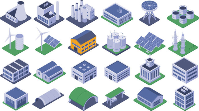 isometric industrial energy infrastructure icons, factory buildings solar panels wind turbines power plants urban technology illustration collection set
