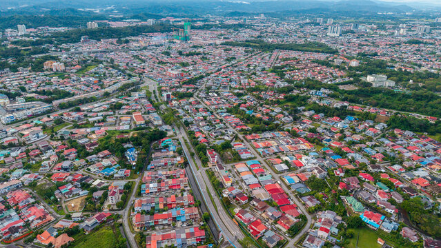 Bird eyes view of local housing houses in Kota Kinabalu, Sabah, Malaysia