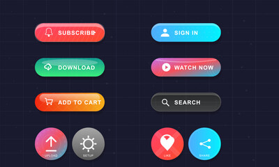 Obraz premium A collection of modern glossy user interface buttons featuring icons and text for subscribe, sign in, download, watch now, add to cart, search, upload, setup, like, and share functions.