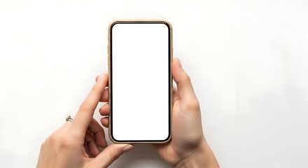 Woman Holding A Smartphone Device Against White Background Displaying Blank Screen