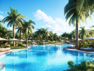 Obraz premium This resort features a sparkling blue pool surrounded by vibrant palm trees. Guests can enjoy the tranquil atmosphere, sunshine, and serene landscaping.