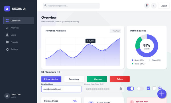 A digital dashboard interface displays data analytics with line and donut charts, a side navigation menu, and a collection of user interface components for software development.