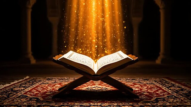 Illuminated holy book rests open upon a traditional wooden rehal stand, radiating divine golden light and spiritual energy during a sacred nighttime devotional moment.