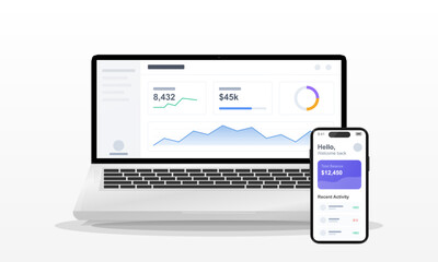 A laptop and a smartphone show financial dashboards with line graphs, donut charts, and balance figures. This minimalist illustration represents modern digital banking and data analysis.