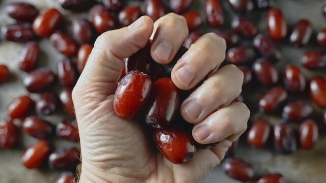 Hand Gripping a Cluster of Shiny Red Dogwood Berries fruit