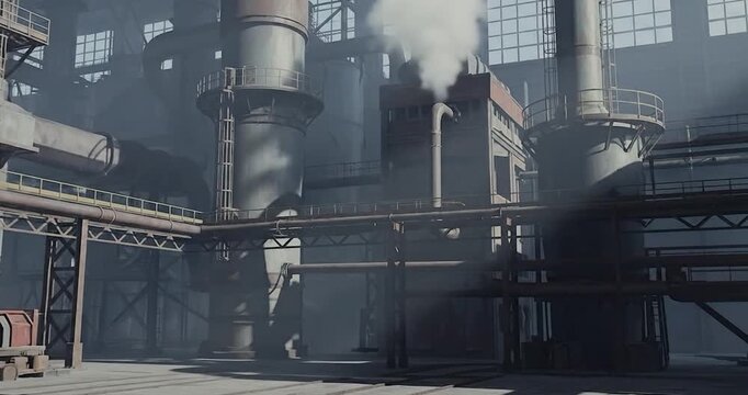 Industrial Factory Interior with Machinery and Smoke.