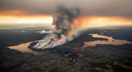 Aerial View of Wildfire Smoke Plume Over Landscape at Sunset.
