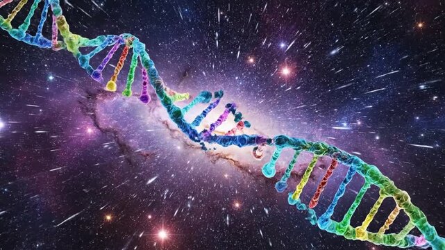 Multicolored DNA double helix in space with stars and nebula