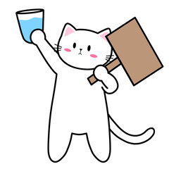 Obraz premium Kawaii White Cat Holding Blank Signboard and Water Glass, Cute Hydration Reminder Clipart, 300 DPI Transparent PNG for Digital Planners and Wellness Apps