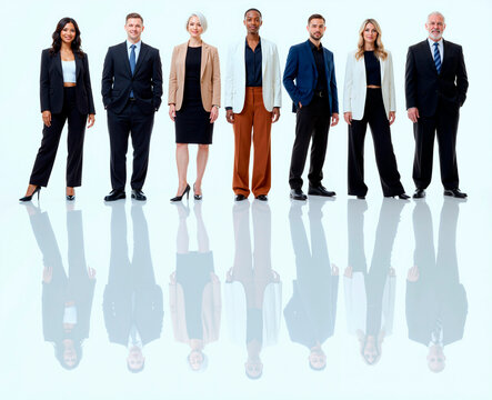 Group of middle aged and young multiethnic men and women standing in row facing camera, business professionals posing together on white background with reflections visible