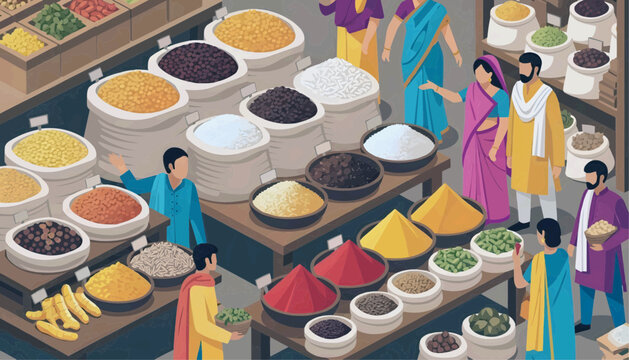 Flat vector illustration of a market scene with people happily buying spices and groceries in a colorful bazaar