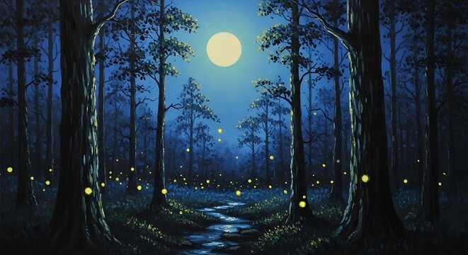 Enchanting Night Forest with Full Moon and Fireflies.