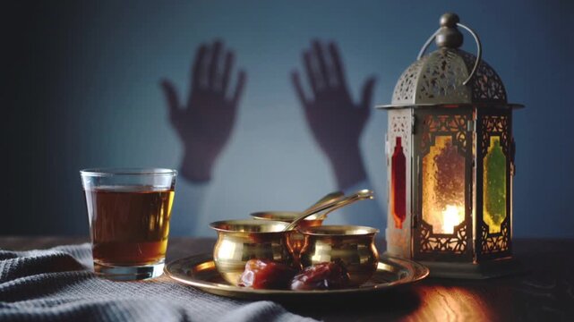 Ramadan Iftar Table Setting with Dates Lantern and Praying Hands Shadow Keywords: Ramadan, Iftar