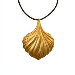 Elegant golden shell pendant on a black cord, isolated on white background.